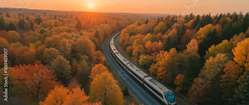 Aerial view of high-speed train moving through the autumn forest at sunset, 4K Video