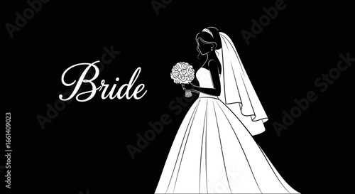 Silhouette of a bride in a wedding dress, holding a bouquet, against a black background.