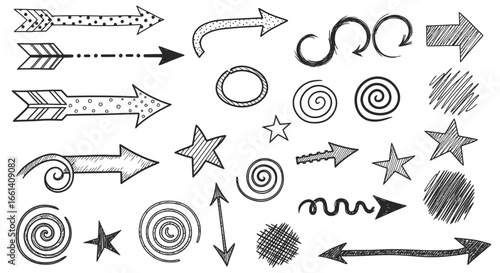 Collection of hand-drawn arrows, swirls, stars, and other graphic design elements.
