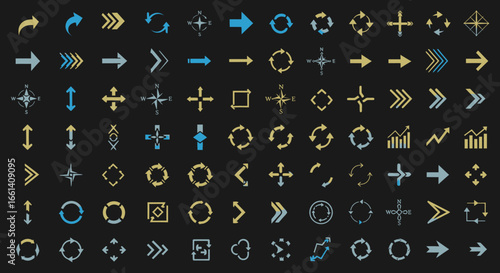Collection of various arrow and graphic symbols on a dark background.