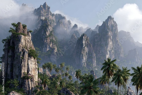 Misty mountain peaks rise above a tropical jungle
