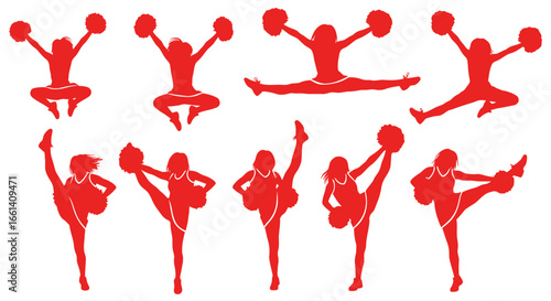 Red silhouettes of cheerleaders in various dynamic poses, showcasing energetic routines with pom-poms.