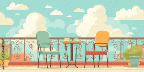 Charming illustrated balcony with mismatched teal and orange chairs and a decorative wrought iron railing.