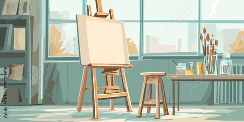 Illustrative depiction of a sunlit artist's studio with a blank canvas on a wooden easel, ready for creation.