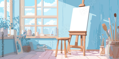 Sunlit artist's studio illustration with a blank canvas on a wooden easel, paintbrushes, and a stool by a large window.