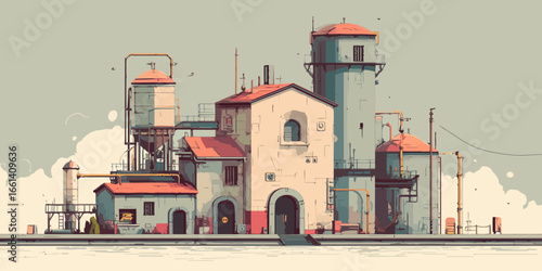 A quaint industrial complex with weathered buildings, red roofs, and silos in a flat art style.