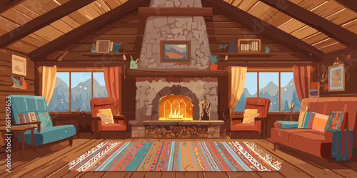 Cozy rustic cabin living room illustration with a warm stone fireplace, wooden beams, and colorful furniture.