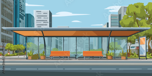 Contemporary orange and glass bus stop shelter with two benches on a city street sidewalk