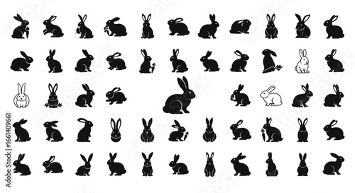 Collection of diverse rabbit silhouettes, various poses and sizes, black and white.