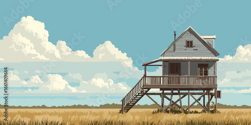 Illustrated rustic wooden stilt house with a gabled roof, porch, and long staircase.
