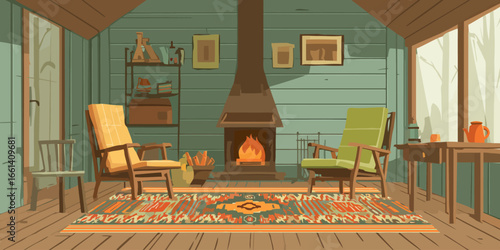 Cozy rustic cabin interior with a warm fireplace, mid-century armchairs, and a colorful patterned rug.