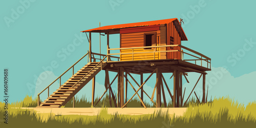 A rustic wooden stilt house with a weathered orange roof and a long exterior staircase.