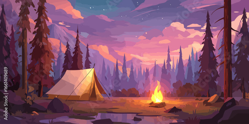 Stylized illustration of a forest campsite with a tent and campfire at dusk under a vibrant purple and pink sky.