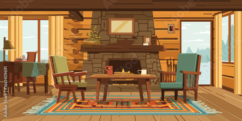 Cozy Rustic Log Cabin Interior with a Stone Fireplace and Wooden Furniture