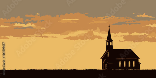 Dark silhouette of a traditional country church with a tall steeple, cross, and arched windows.