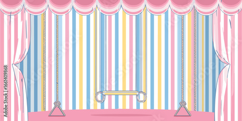 Empty circus stage with a hanging trapeze, pink curtains, and a colorful striped pastel background.