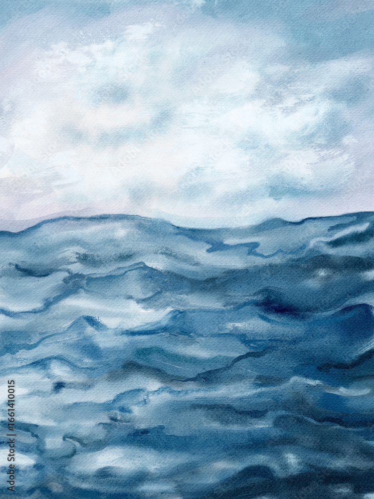 Fototapeta premium Blue wave and sea abstract impressionist wall art in watercolor and acrylic mix. Modern oil painting on canvas for posters, home decor, invitations, web design, and printable art.