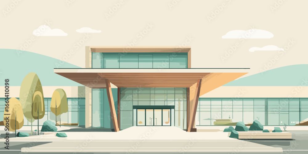 Fototapeta premium Modern building facade with a glass entrance and a prominent wooden canopy, flat vector illustration style.