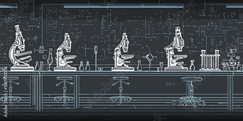 Monochromatic line art illustration of a science laboratory with microscopes and glassware on a bench.