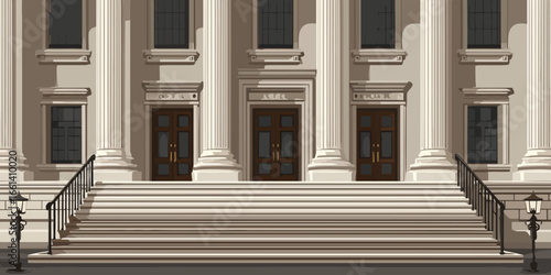 Grand neoclassical building facade illustration with large columns, wide stairs, and dark wooden doors.