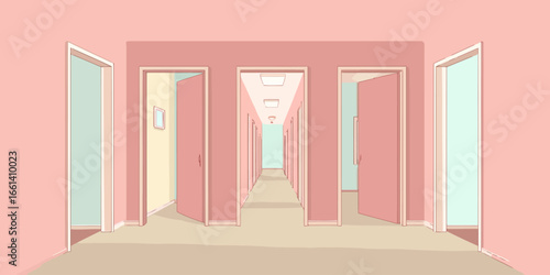 A long, illustrated pink hallway with multiple open doors creating an endless, surreal perspective.