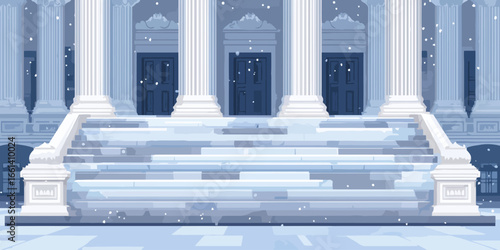 Majestic neoclassical building entrance with large columns and stairs covered in falling snow.