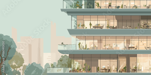 Contemporary office building illustration with a glass facade, balconies, and plant-filled interiors.