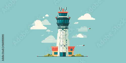 Stylized illustration of a tall airport control tower with a glass cabin, red roof, and antennas on top.