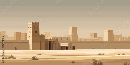 Minimalist vector illustration of an ancient desert fortress with sand-colored mudbrick walls and crenelated towers.