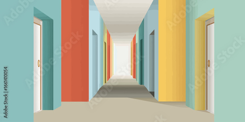 A long, colorful hallway with vibrant walls and multiple doors, depicted in a flat, minimalist illustration style.