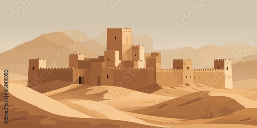 Stylized illustration of a large Arabian mudbrick fortress with crenellated walls and towers.