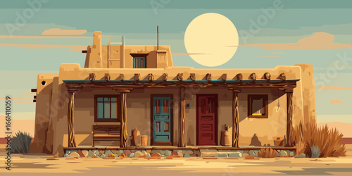 Traditional Southwestern adobe house with a wooden porch, featuring vibrant red and blue doors.