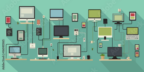 A complex network of interconnected computers, laptops, and mobile devices in a flat design illustration style with long shadows.