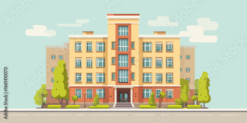 Symmetrical yellow and orange urban building with a central tower, illustrated in a flat vector style.
