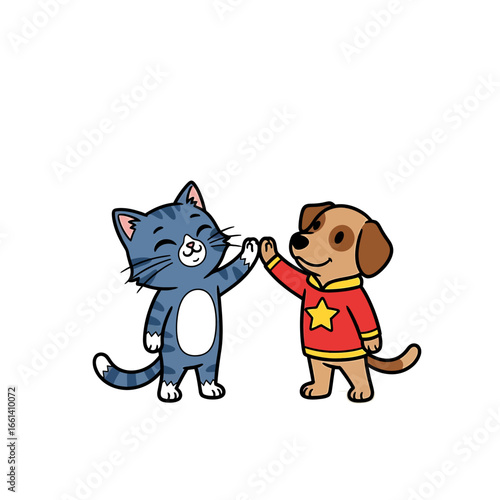 Cat and Dog High Five Illustration