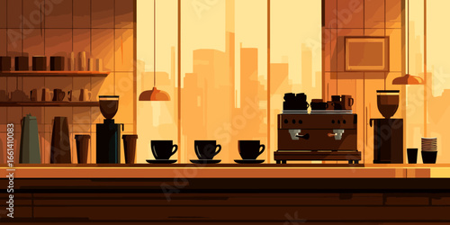 Minimalist illustration of a coffee shop counter with an espresso machine and cups in warm tones.