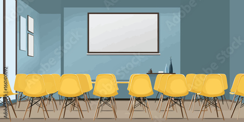 Empty conference room with rows of modern yellow chairs facing a blank whiteboard for presentation.