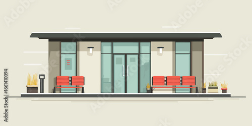Modern building facade with glass entrance doors, large windows, and two red benches. Flat vector illustration.