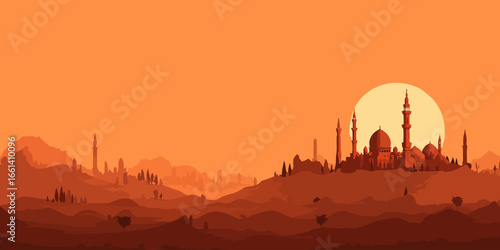 Stylized vector illustration of an ancient Arabian city with mosques and minarets silhouetted against a warm orange sunset over desert hills.