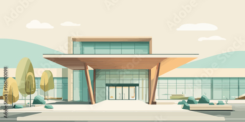 Modern building facade with a glass entrance and a prominent wooden canopy, flat vector illustration style.