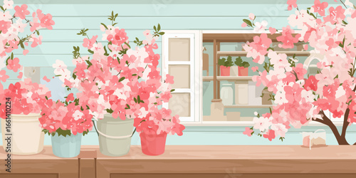 Illustrated pink azalea and cherry blossoms in colorful buckets on a wooden garden table.