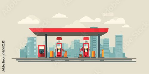 Vector illustration of a modern city gas station with red fuel pumps and a large canopy.