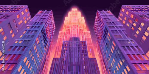 Stylized art deco skyscrapers viewed from below, glowing with vibrant purple and warm orange light.