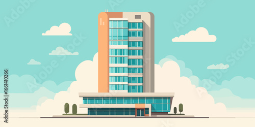 Modern high-rise office building with a two-tone orange and beige facade and a wide glass ground floor.