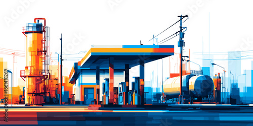 Bold, colorful graphic art of a gas station with an industrial refinery tower and tanker truck.