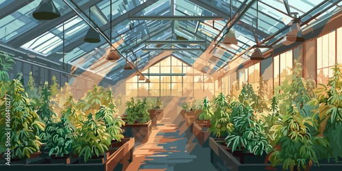 Stylized illustration of a sunlit greenhouse with rows of cannabis plants growing in pots under a glass roof.