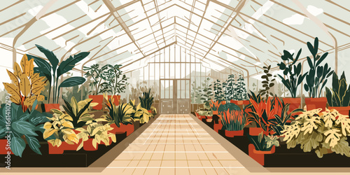 Stylized illustration of a sunlit greenhouse interior with diverse potted plants, featuring a central tiled walkway and glass roof.