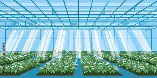 Modern industrial greenhouse interior with rows of green plants under bright grow lights.