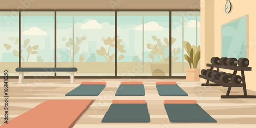 Spacious fitness studio interior with exercise mats, dumbbell rack, and large panoramic windows.
