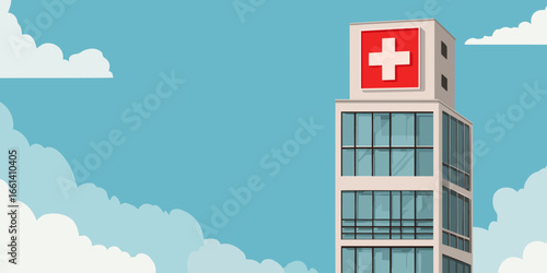 Tall modern hospital building with a red cross sign and large glass windows. Vector illustration of a medical clinic exterior.